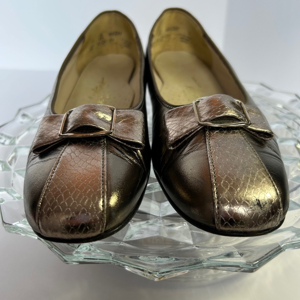 Paradise Kittens Metallic Brown Silver Leather‎ Bow Flats Shoes 9.5M